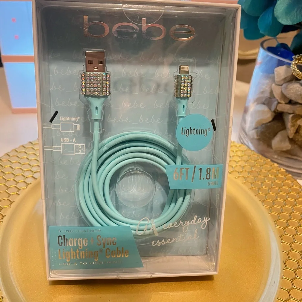 Bebe Aqua Lightning Cable with Rhinestone Accents cellphone